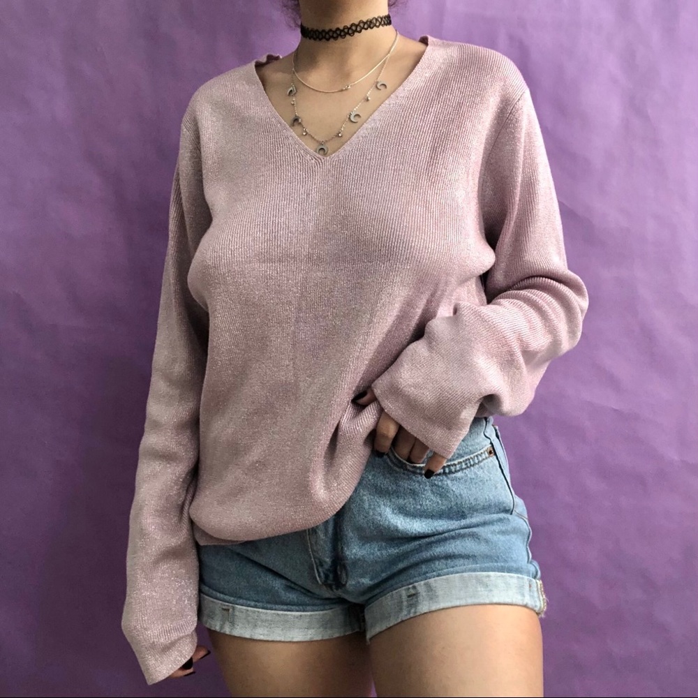 Metallic Mauve VNeck Long Sleeve Oversized Sweater